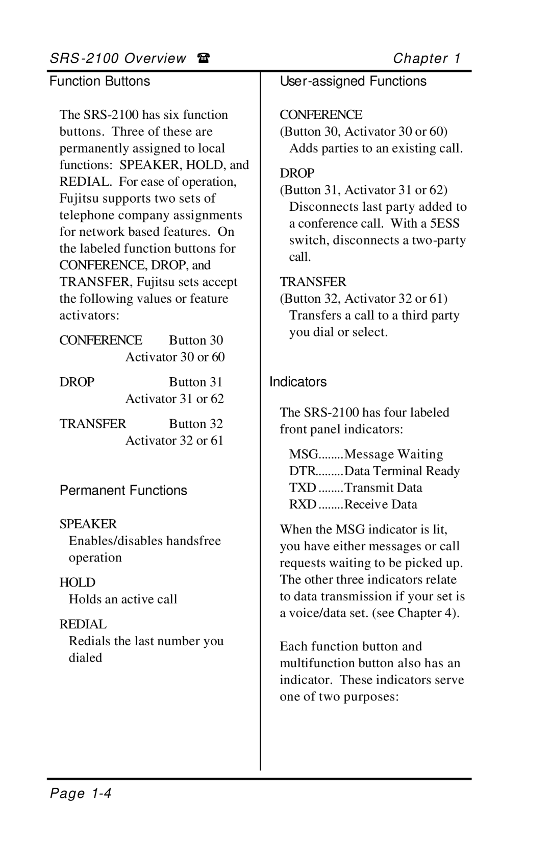 Fujitsu SRS-2100 manual Function Buttons, Permanent Functions, User-assigned Functions, Indicators 