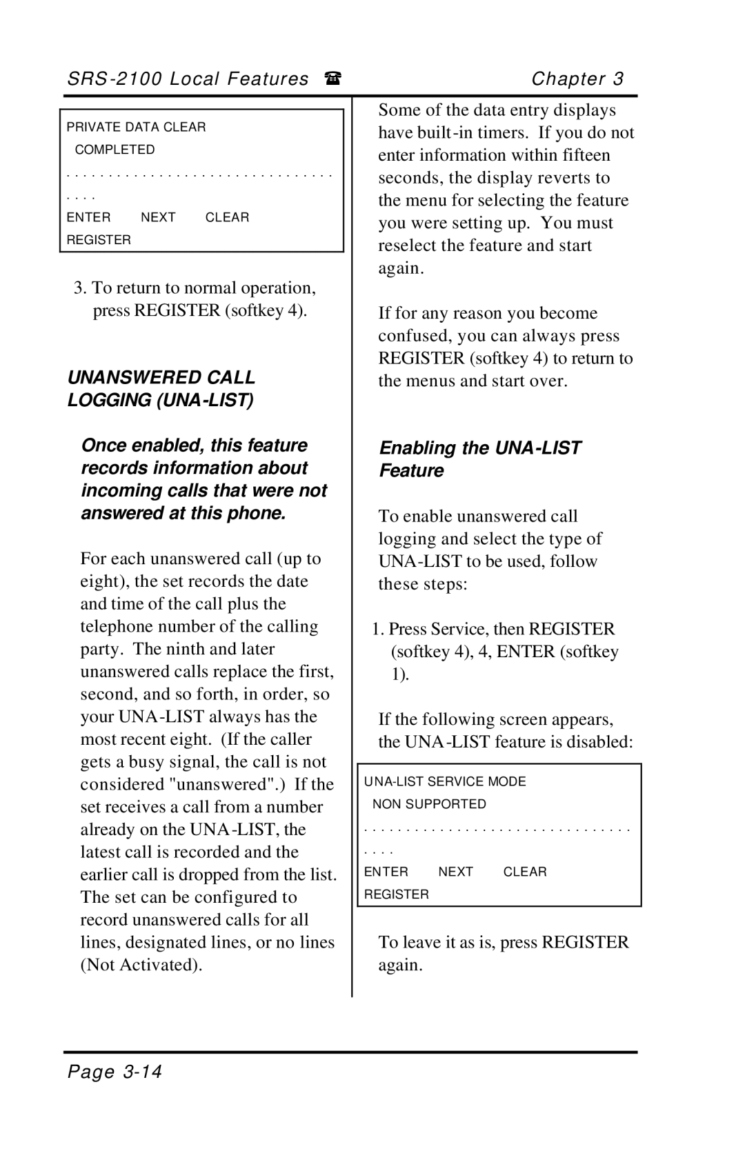 Fujitsu SRS-2100 manual Unanswered Call Logging UNA-LIST, Enabling the UNA-LIST Feature 