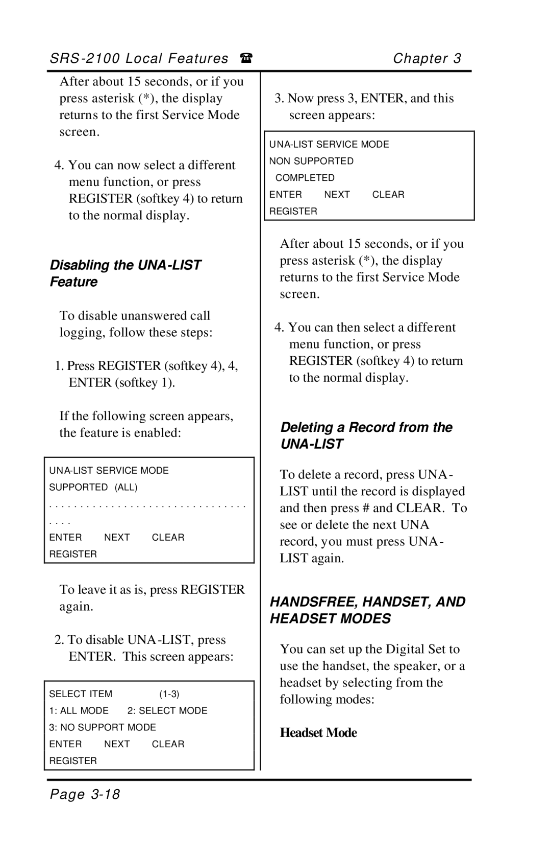 Fujitsu SRS-2100 manual Disabling the UNA-LIST Feature, HANDSFREE, HANDSET, and Headset Modes 