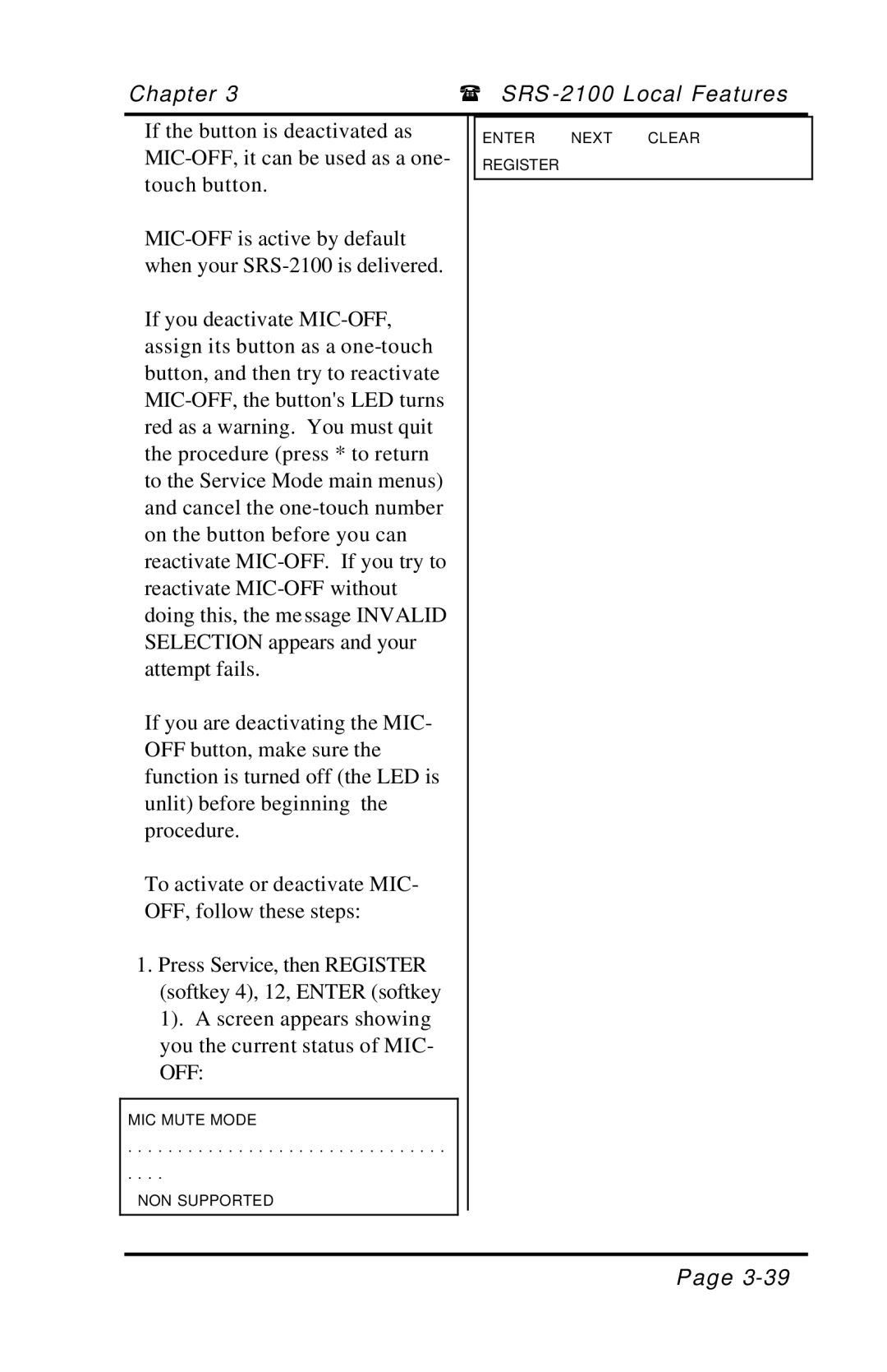 Fujitsu SRS-2100 manual MIC Mute Mode NON Supported Enter Next Clear Register 