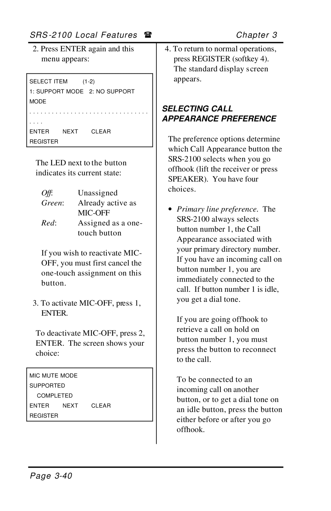 Fujitsu SRS-2100 manual Mic-Off, Selecting Call Appearance Preference 