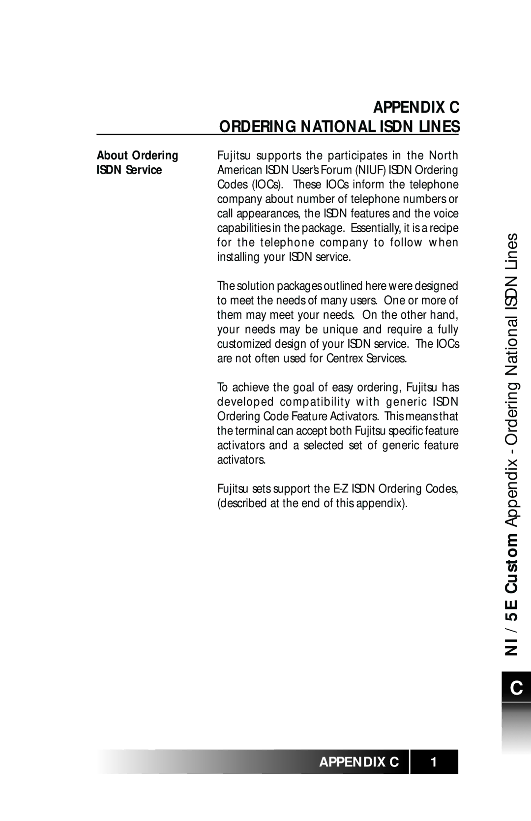 Fujitsu SRS-9924 manual Appendix C Ordering National Isdn Lines, NI / 5E Custom Appendix Ordering National Isdn Lines 