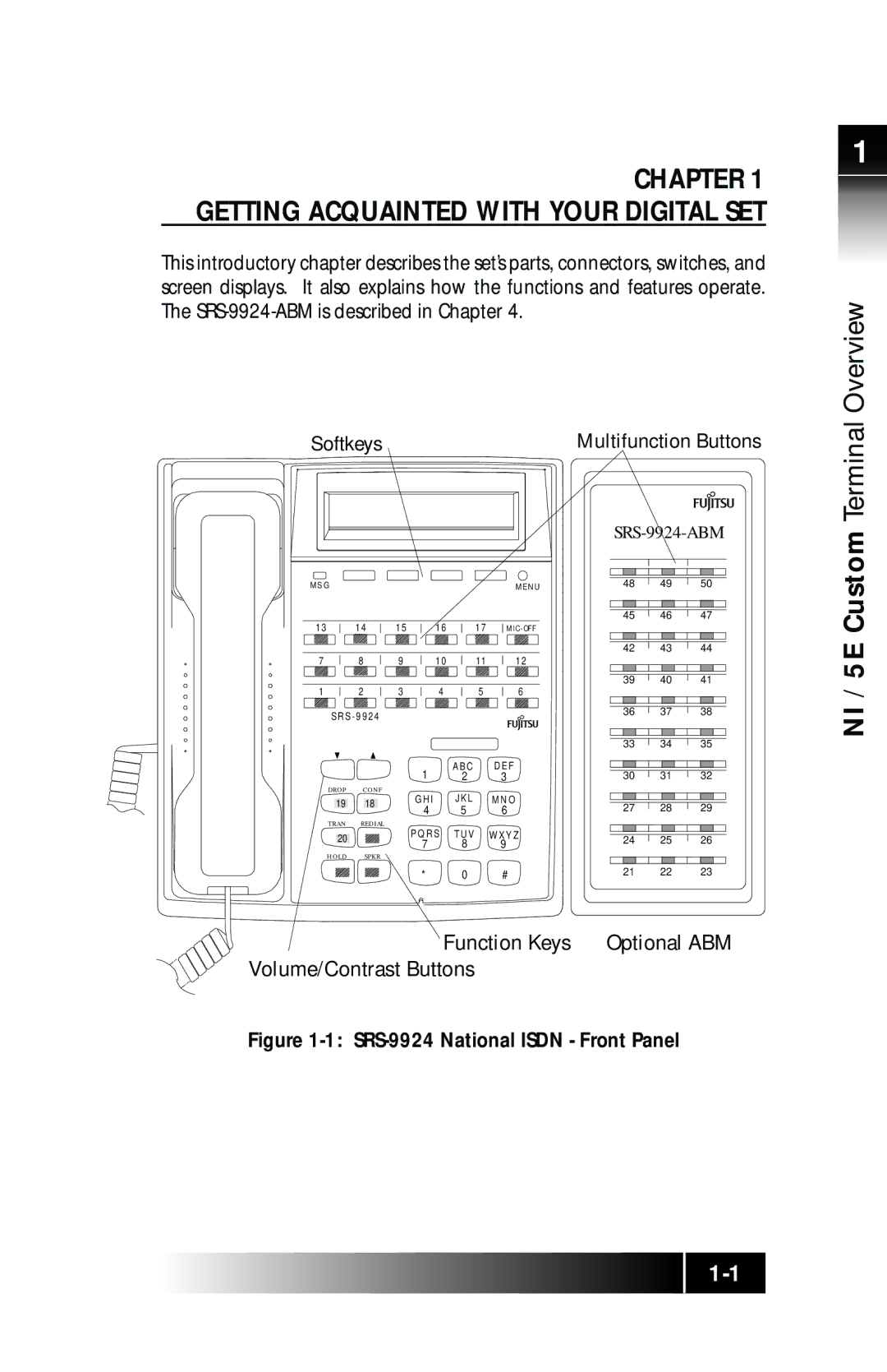 Fujitsu manual NI / 5E Custom Terminal Overview, SRS-9924 National Isdn Front Panel 