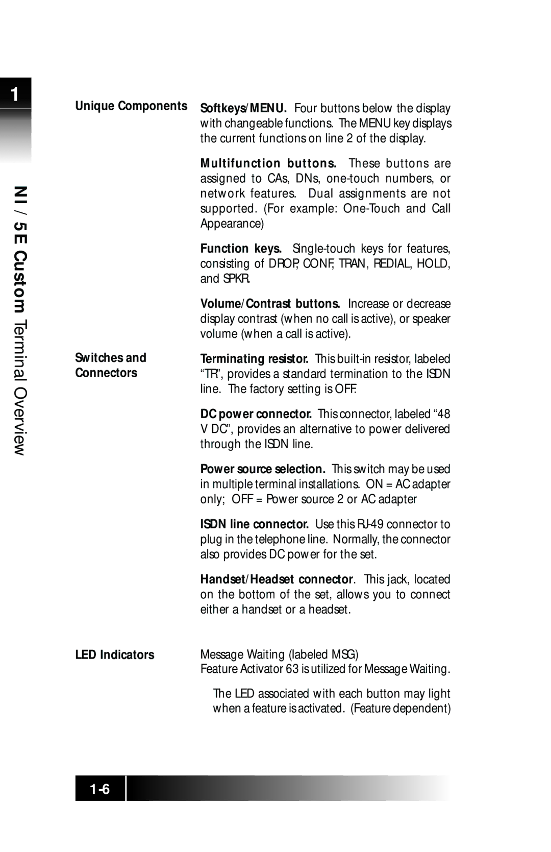 Fujitsu SRS-9924 manual 5E Custom Terminal Overview, Unique Components Switches Connectors LED Indicators 