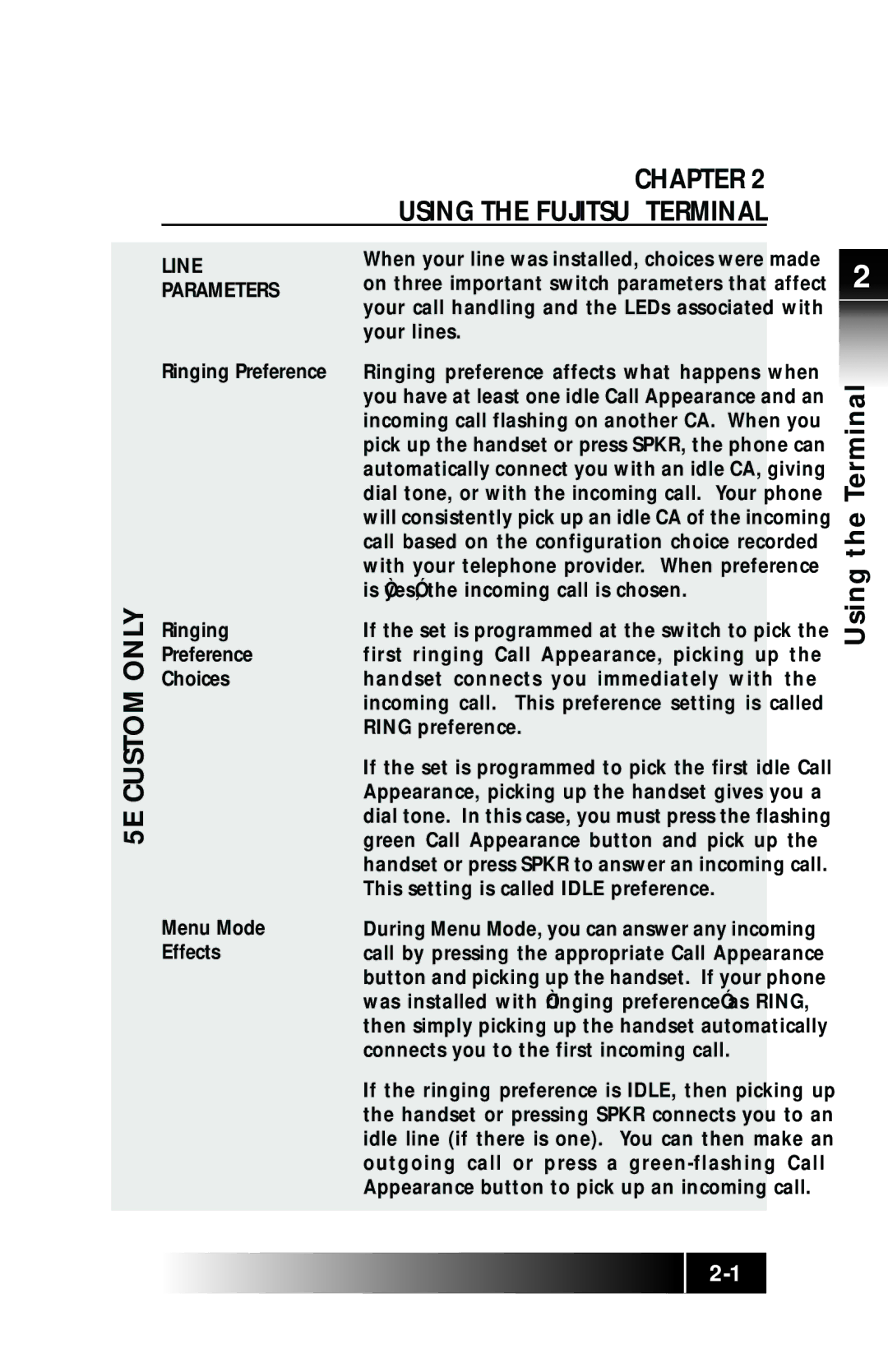 Fujitsu SRS-9924 manual 5E Custom only, Using the Terminal, Line Parameters 