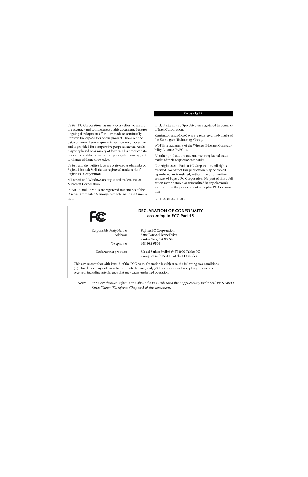 Fujitsu ST4000 warranty Fujitsu PC Corporation, Complies with Part 15 of the FCC Rules 