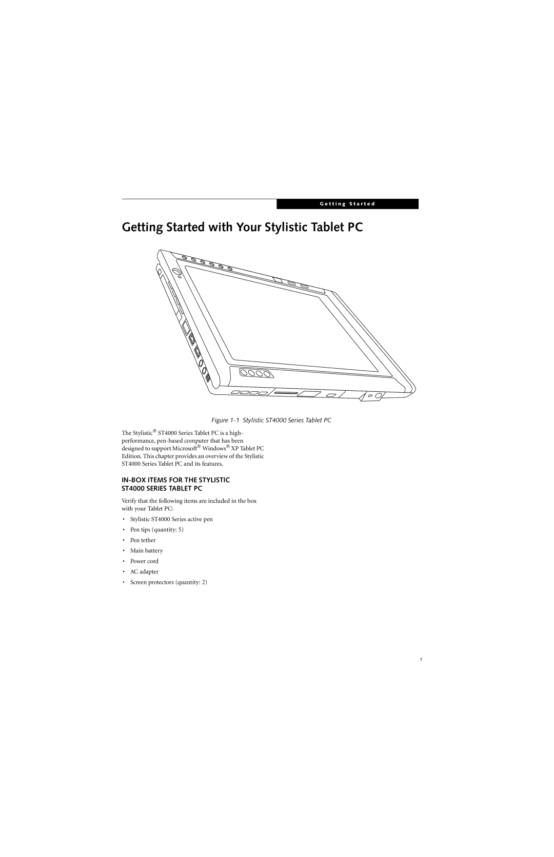 Fujitsu warranty Getting Started with Your Stylistic Tablet PC, IN-BOX Items for the Stylistic ST4000 Series Tablet PC 