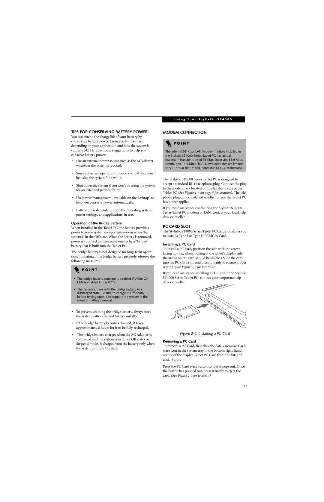 Fujitsu ST4000 warranty Tips for Conserving Battery Power, Modem Connection, PC Card Slot 