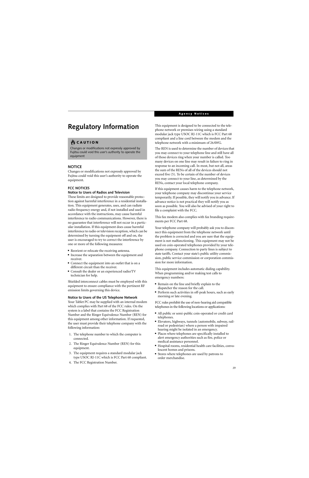 Fujitsu ST4000 warranty Regulatory Information, FCC Registration Number 