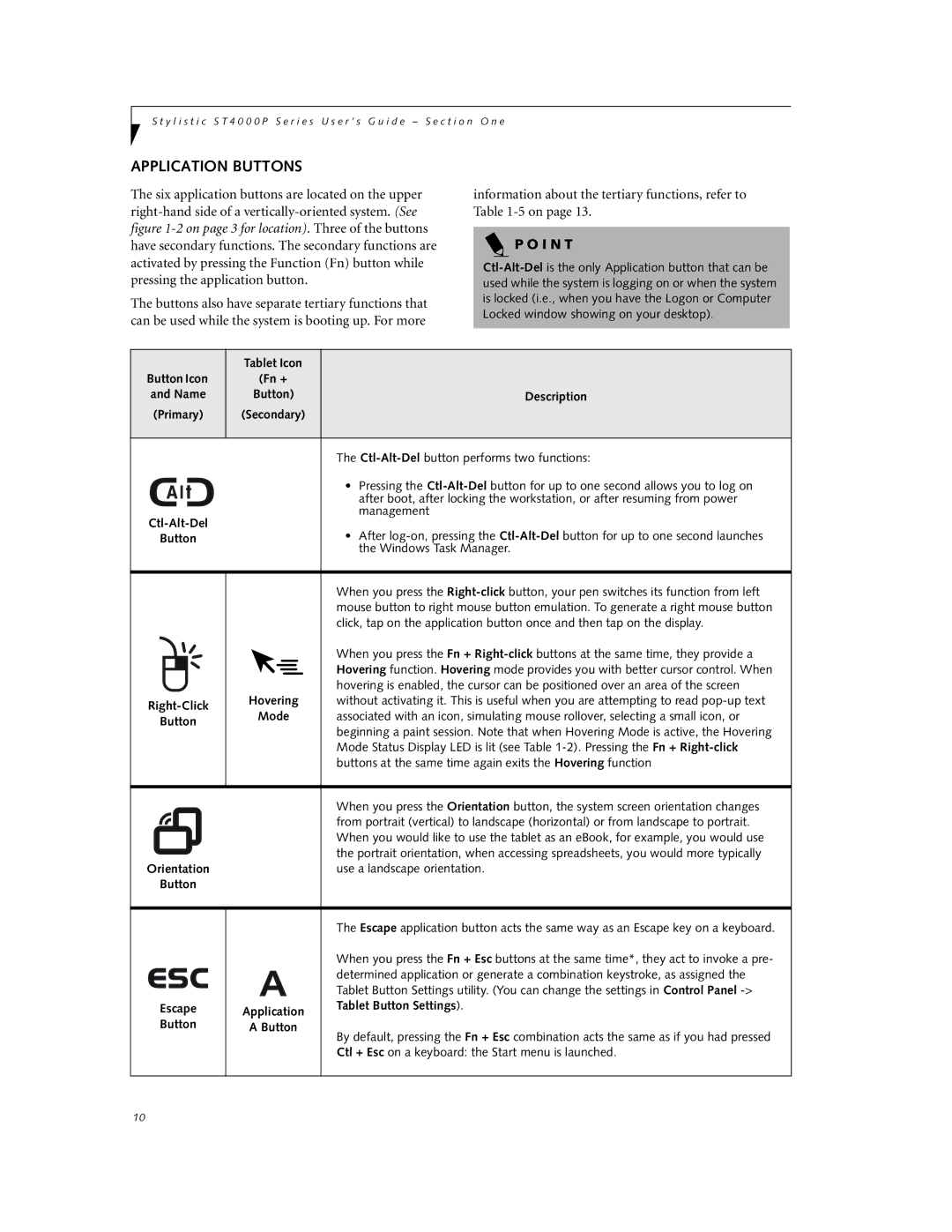 Fujitsu ST4000P manual Application Buttons, Tablet Icon, Description, Tablet Button Settings 