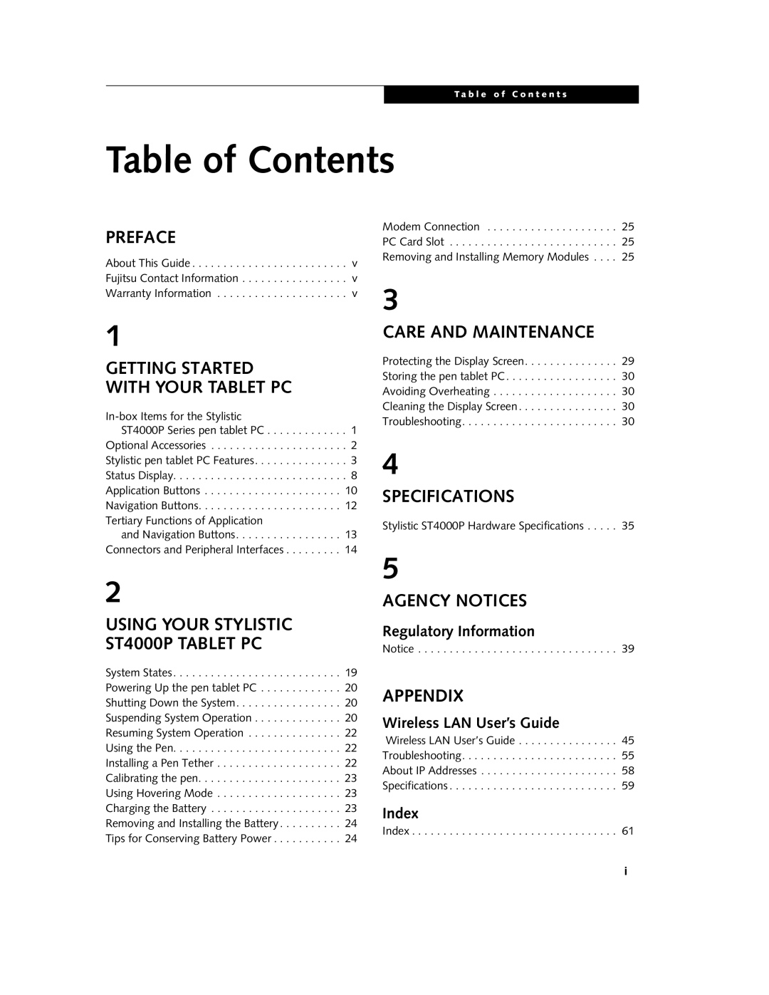 Fujitsu ST4000P manual Table of Contents 