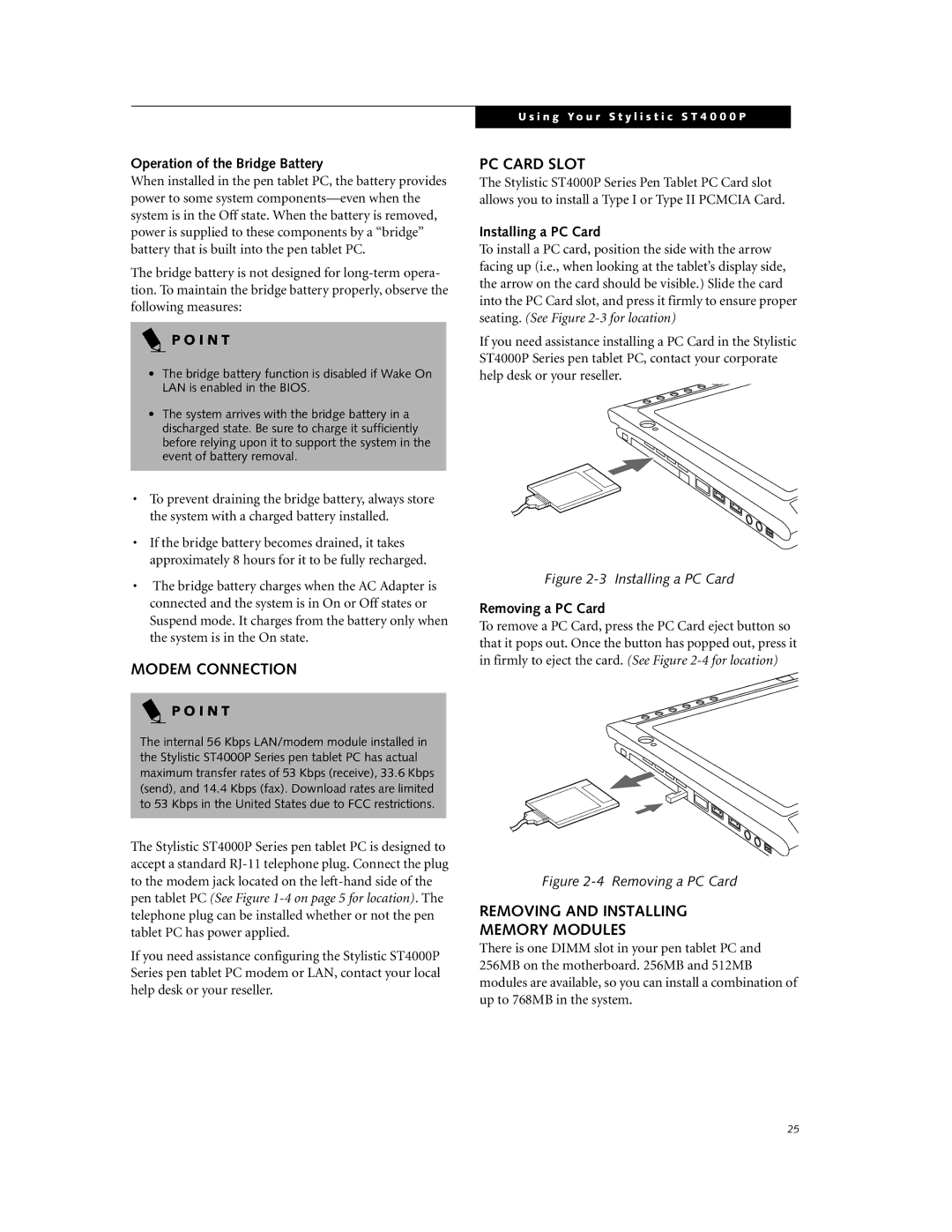 Fujitsu ST4000P manual Modem Connection, PC Card Slot, Removing and Installing Memory Modules 