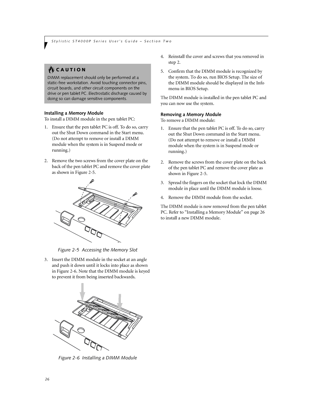 Fujitsu ST4000P manual Installing a Memory Module, Removing a Memory Module 