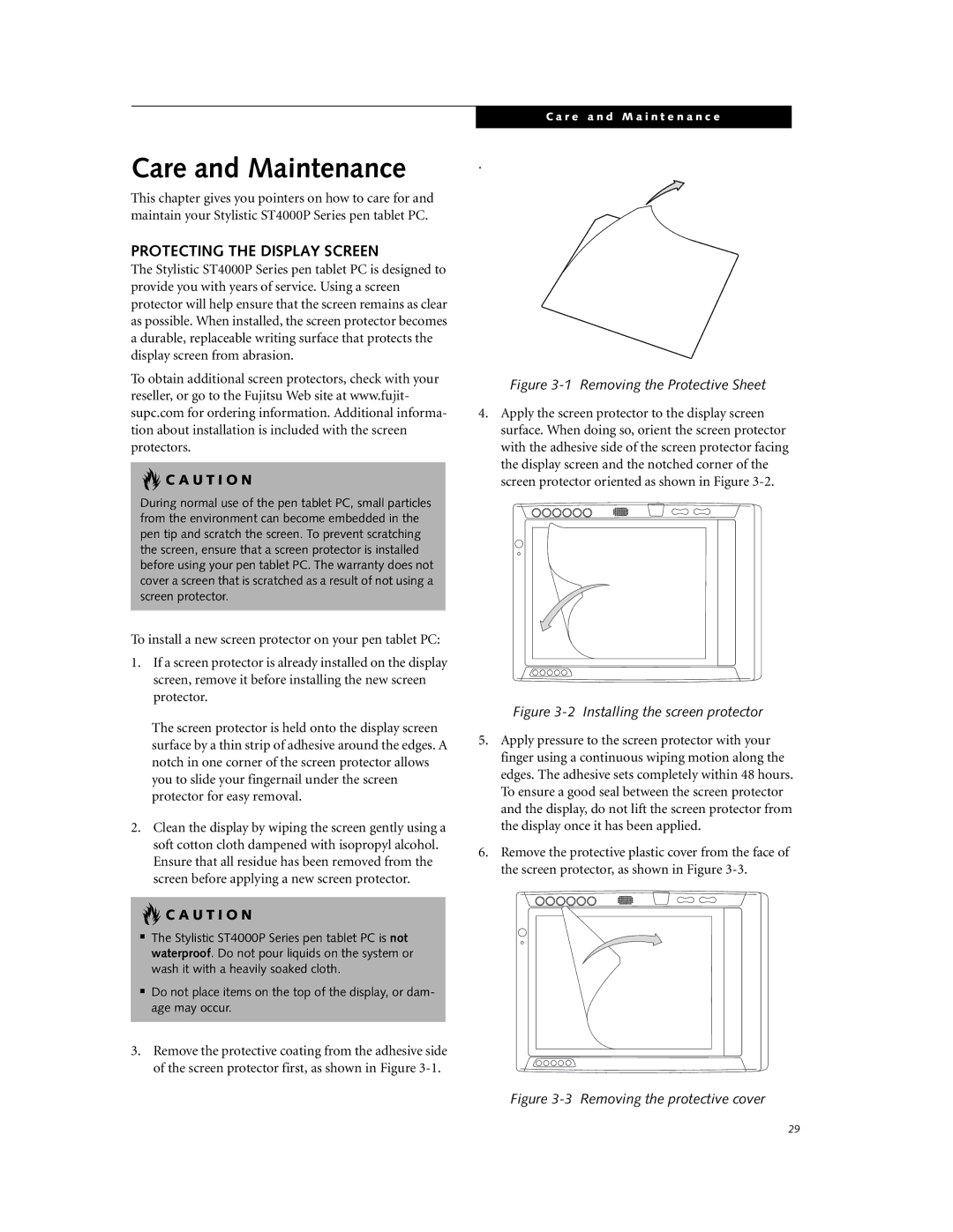 Fujitsu ST4000P manual Care and Maintenance, Protecting the Display Screen 