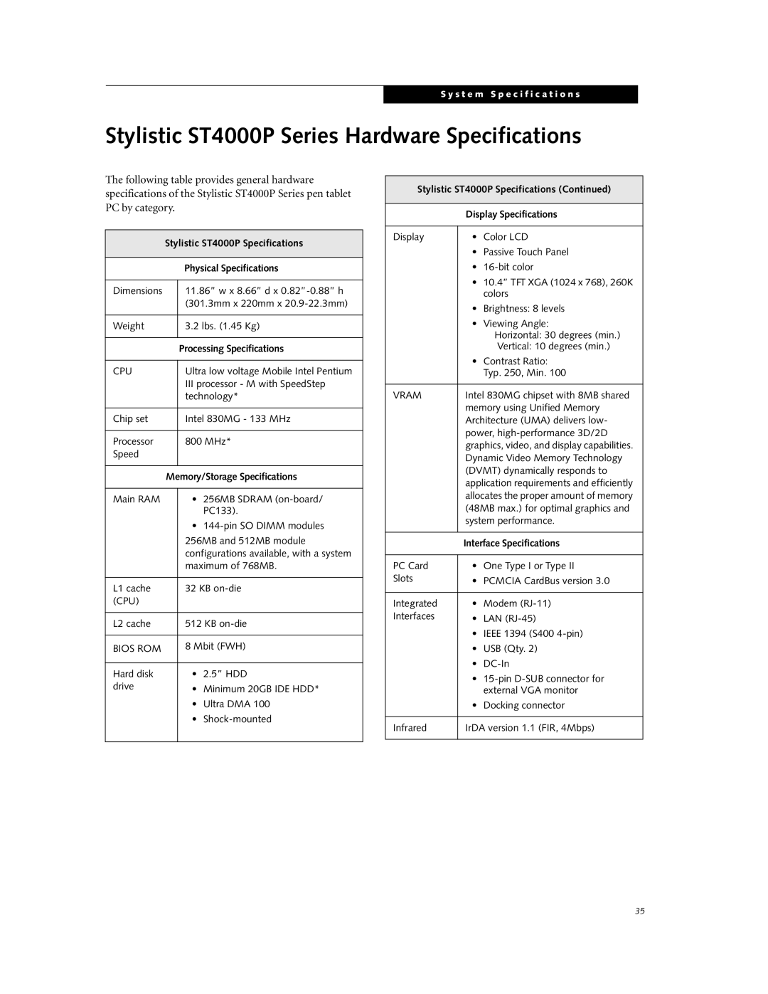 Fujitsu Stylistic ST4000P Specifications, Physical Specifications, Processing Specifications, Interface Specifications 