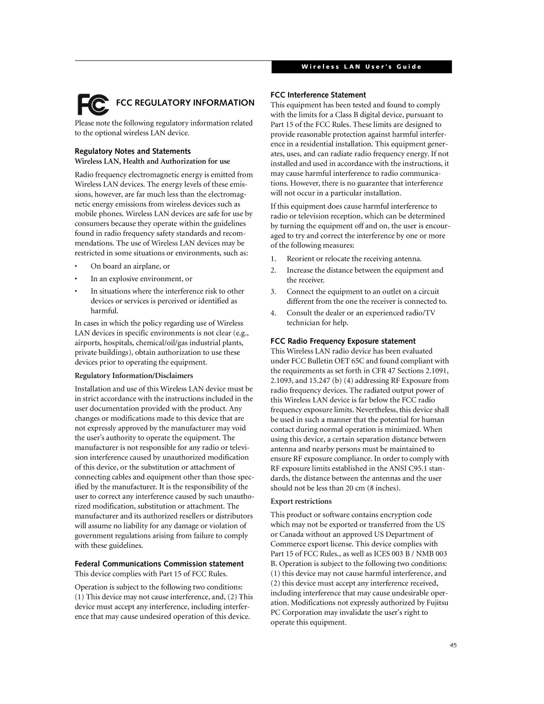 Fujitsu ST4000P FCC Regulatory Information, Regulatory Notes and Statements, Federal Communications Commission statement 