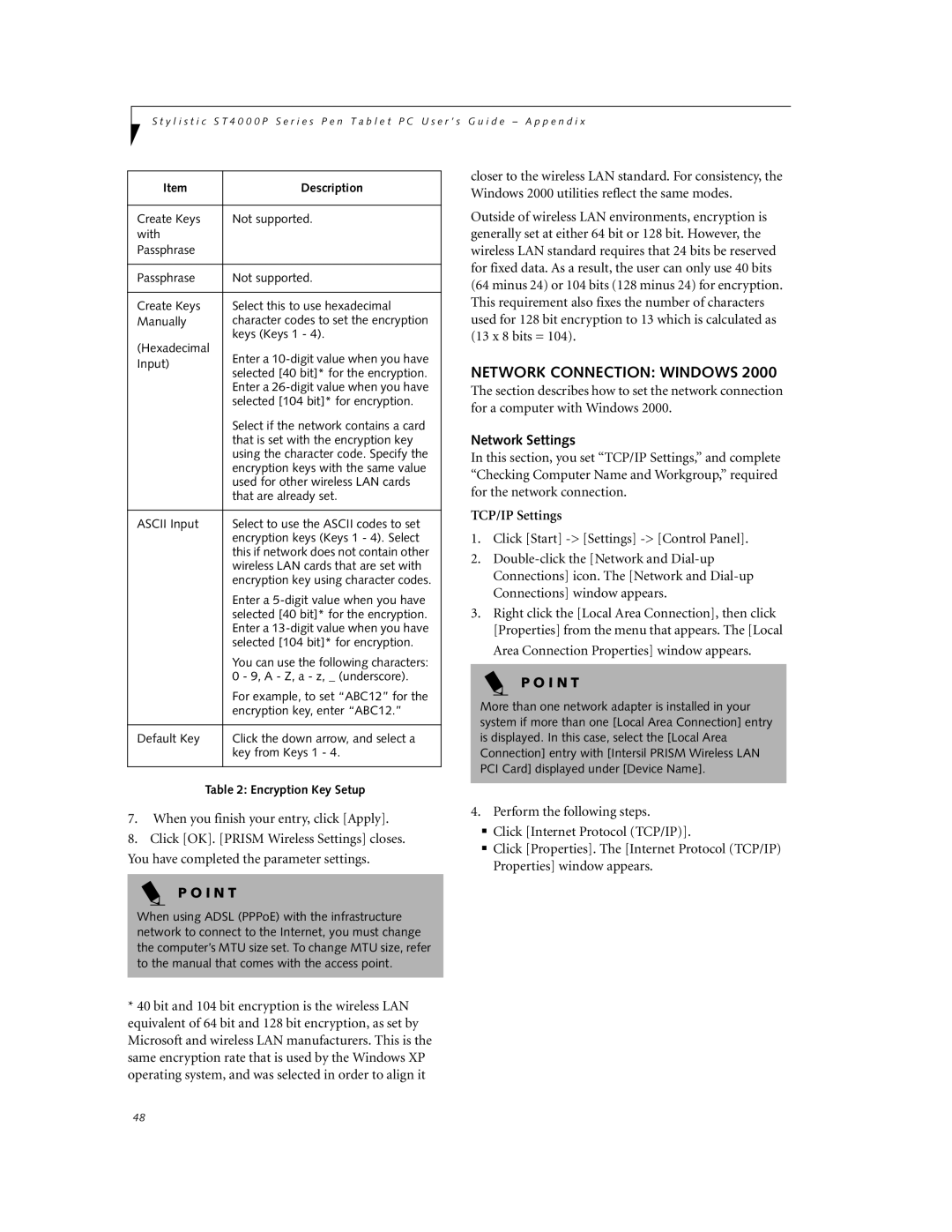 Fujitsu ST4000P manual Network Connection Windows, Network Settings, TCP/IP Settings, Encryption Key Setup 