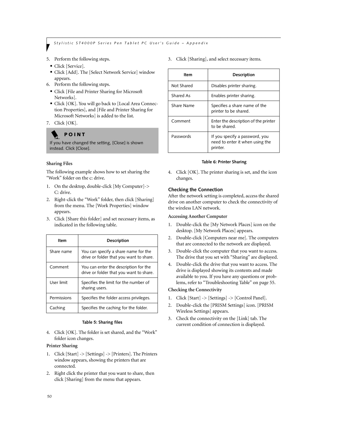 Fujitsu ST4000P manual Sharing Files, Printer Sharing, Checking the Connection, Accessing Another Computer 