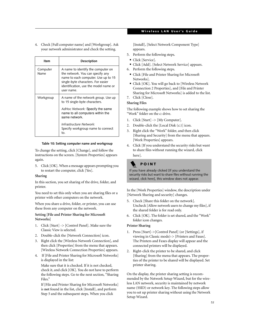 Fujitsu ST4000P manual Sharing, Setting computer name and workgroup 