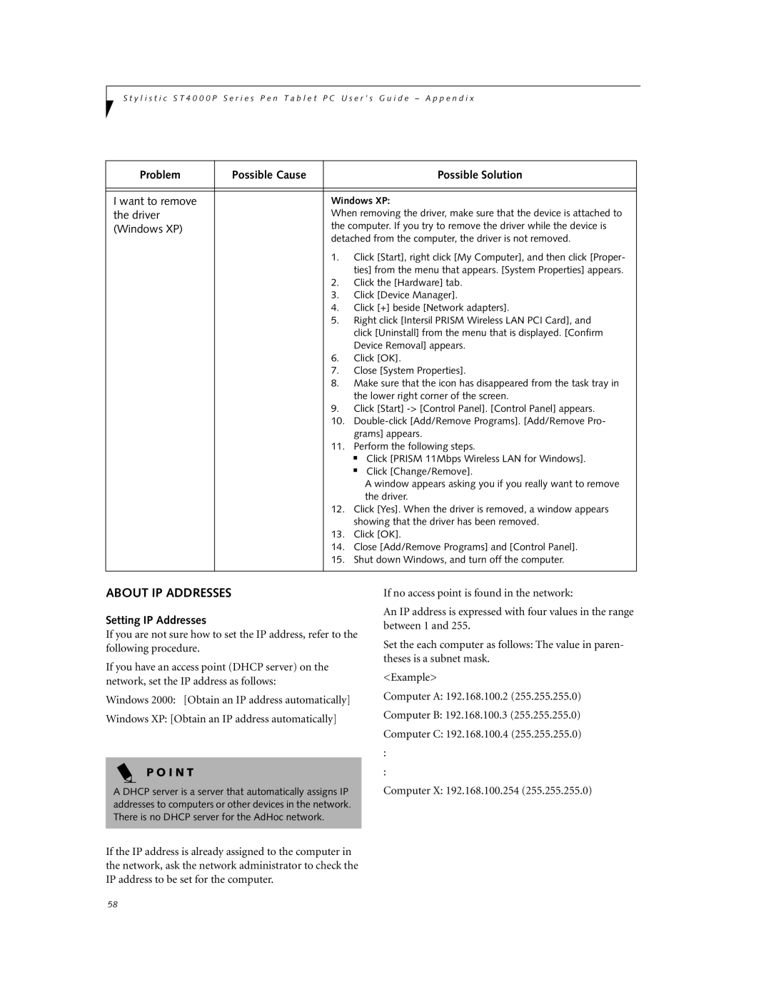 Fujitsu ST4000P manual About IP Addresses, Problem Possible Cause Possible Solution, Setting IP Addresses, Windows XP 