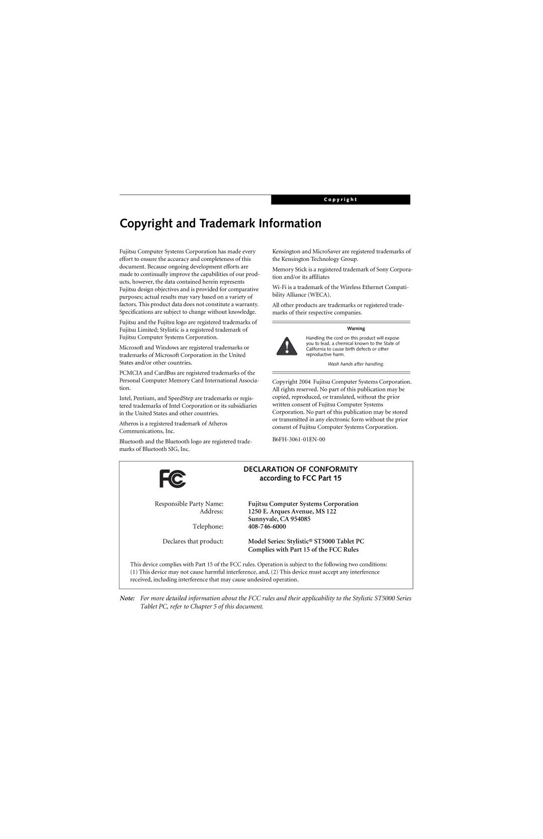 Fujitsu ST5000 warranty Copyright and Trademark Information, Declaration of Conformity 