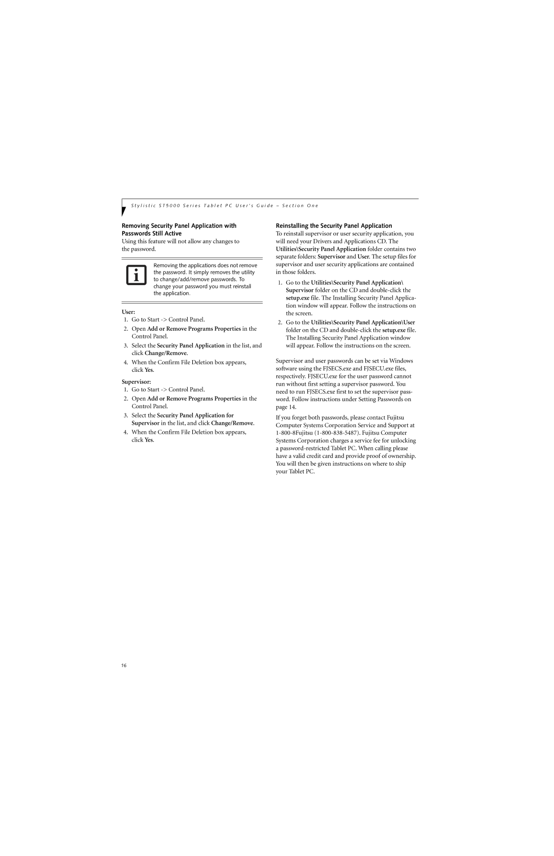 Fujitsu ST5000 warranty User, Supervisor, Open Add or Remove Programs Properties in the Control Panel 