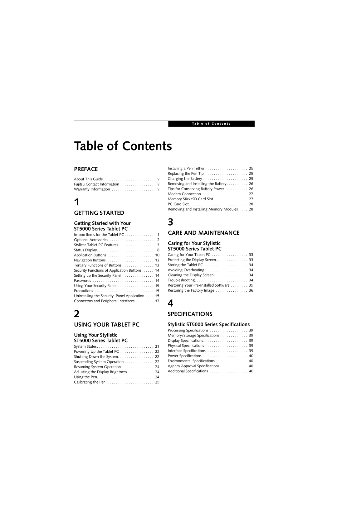 Fujitsu ST5000 warranty Table of Contents 