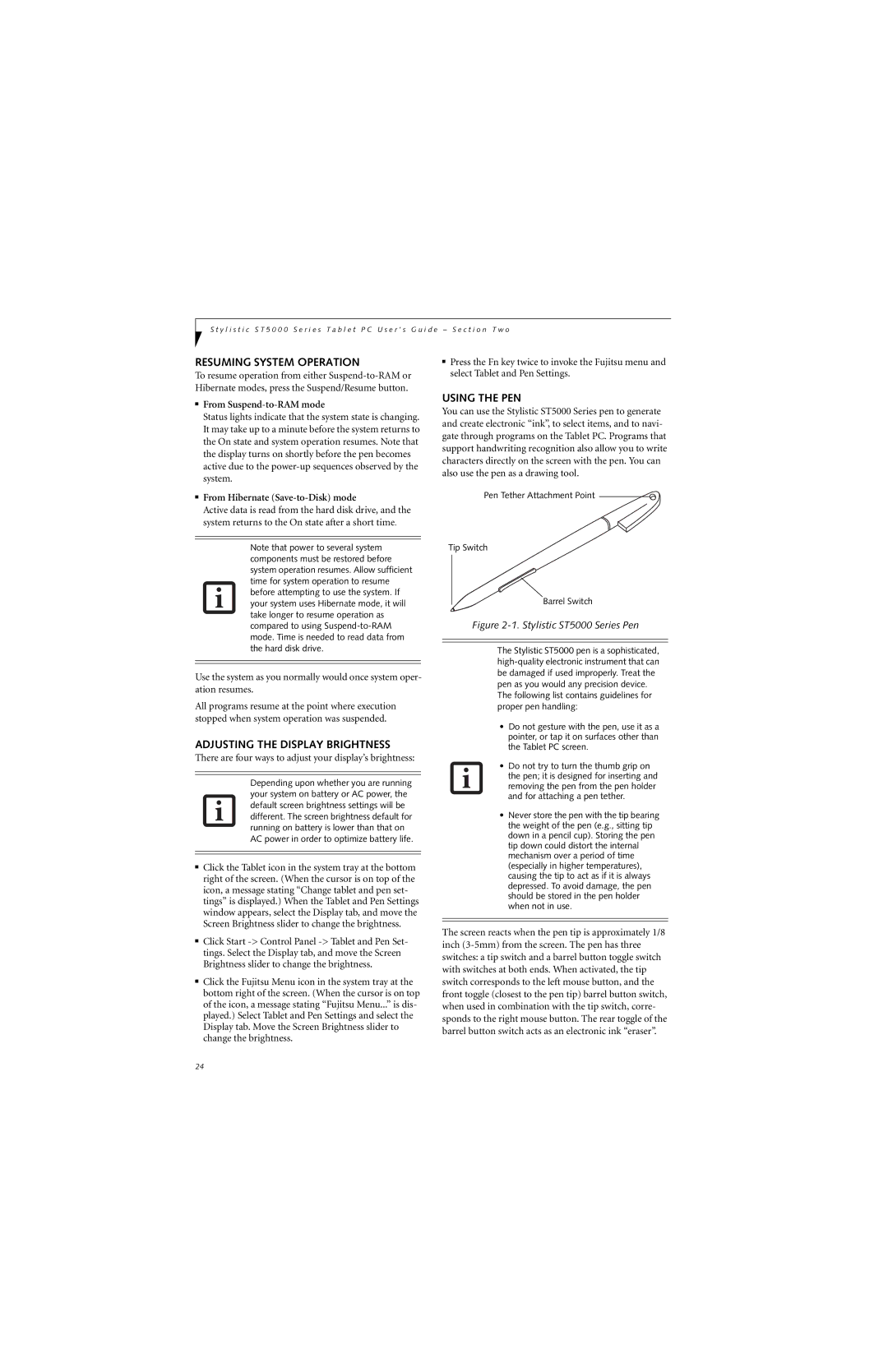 Fujitsu ST5000 Resuming System Operation, Adjusting the Display Brightness, Using the PEN, From Suspend-to-RAM mode 