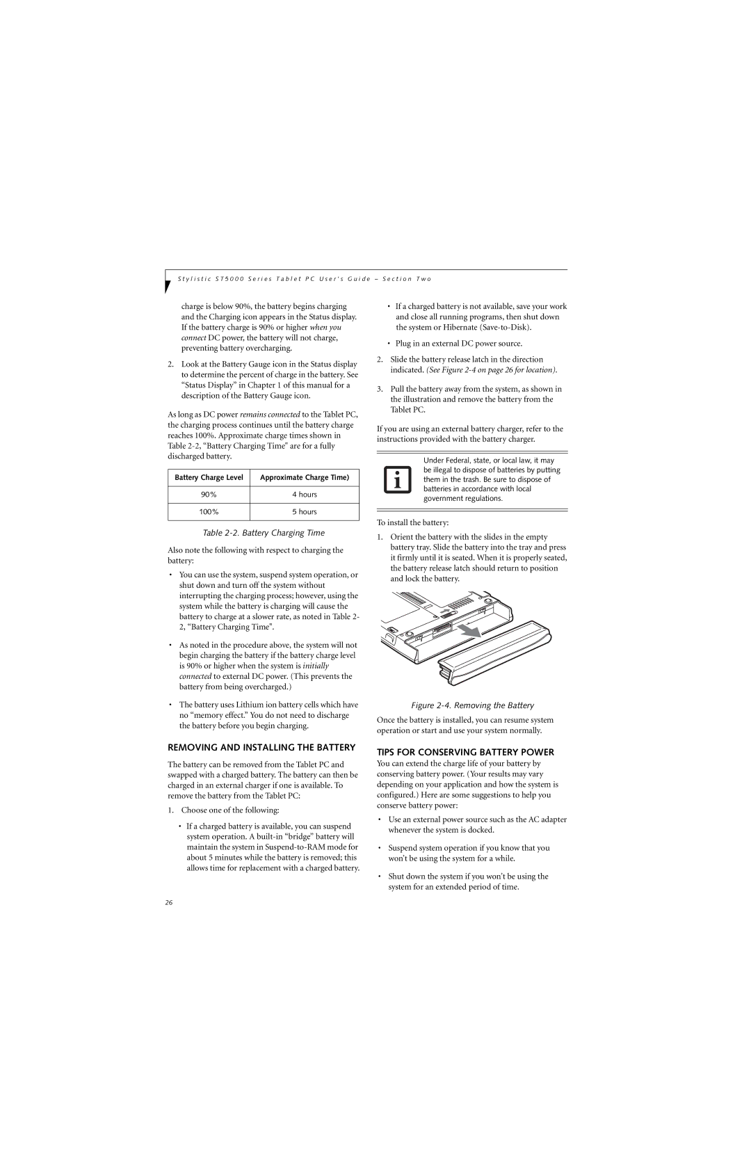 Fujitsu ST5000 warranty Removing and Installing the Battery, Tips for Conserving Battery Power, 90%, 100% 