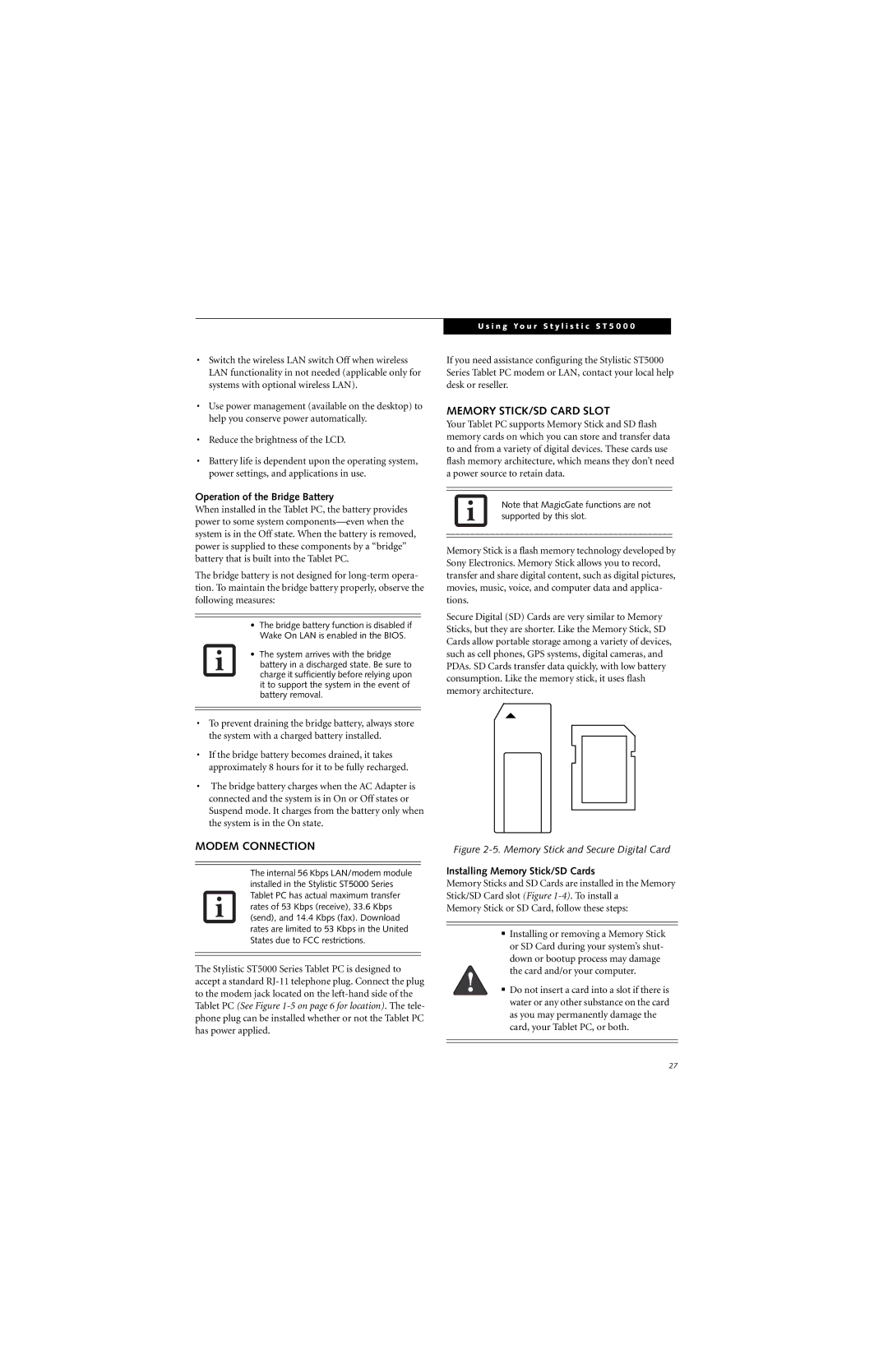 Fujitsu ST5000 warranty Modem Connection, Memory STICK/SD Card Slot, Operation of the Bridge Battery 