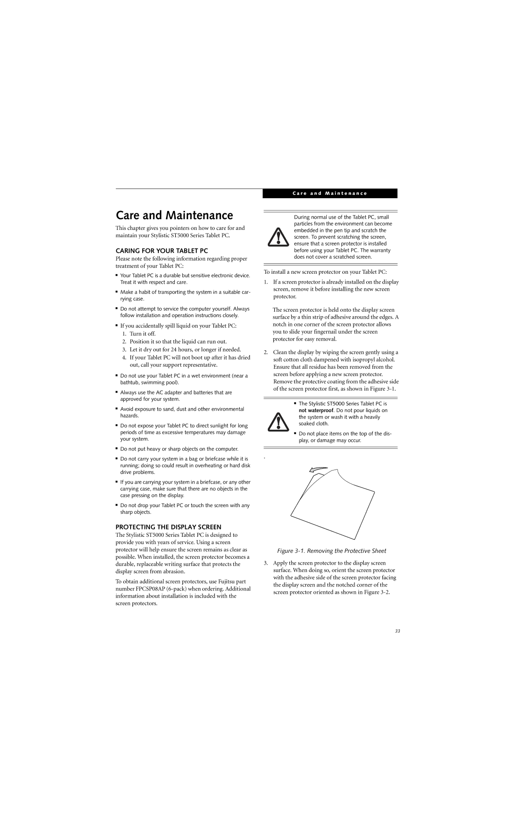 Fujitsu ST5000 warranty Care and Maintenance, Caring for Your Tablet PC, Protecting the Display Screen 