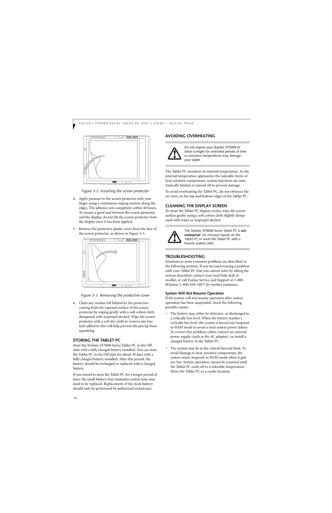 Fujitsu ST5000 warranty Storing the Tablet PC, Avoiding Overheating, Cleaning the Display Screen, Troubleshooting 