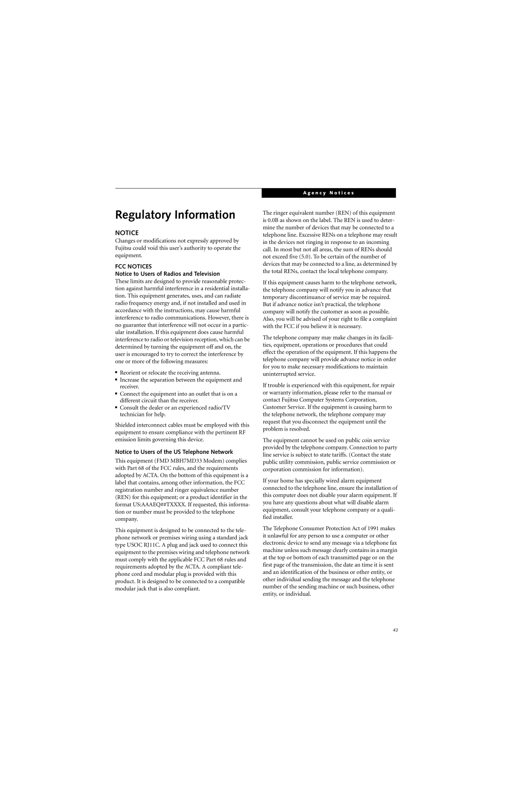 Fujitsu ST5000 warranty Regulatory Information, FCC Notices 