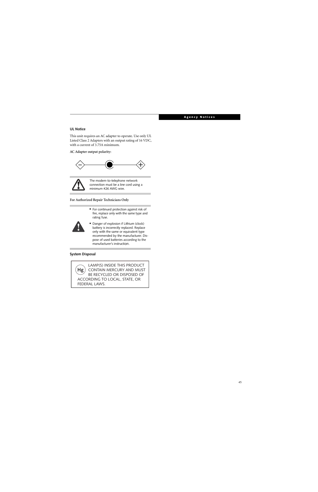 Fujitsu ST5000 warranty UL Notice, AC Adapter output polarity, For Authorized Repair Technicians Only, System Disposal 