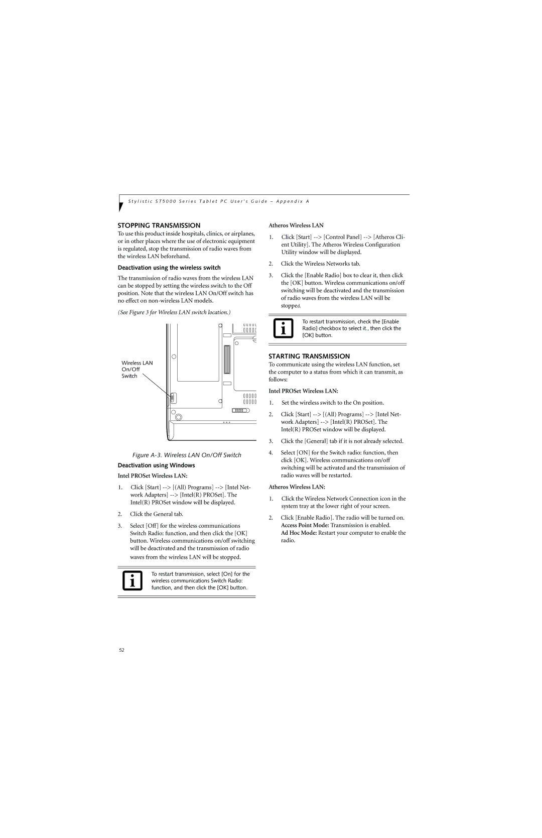 Fujitsu ST5000 warranty Stopping Transmission, Starting Transmission, Deactivation using the wireless switch 