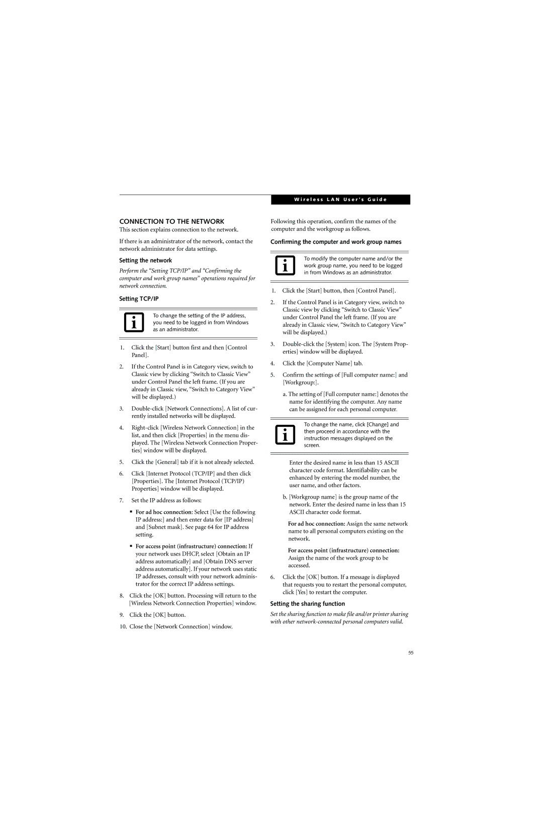 Fujitsu ST5000 warranty Connection to the Network, Setting the network, Setting TCP/IP, Setting the sharing function 