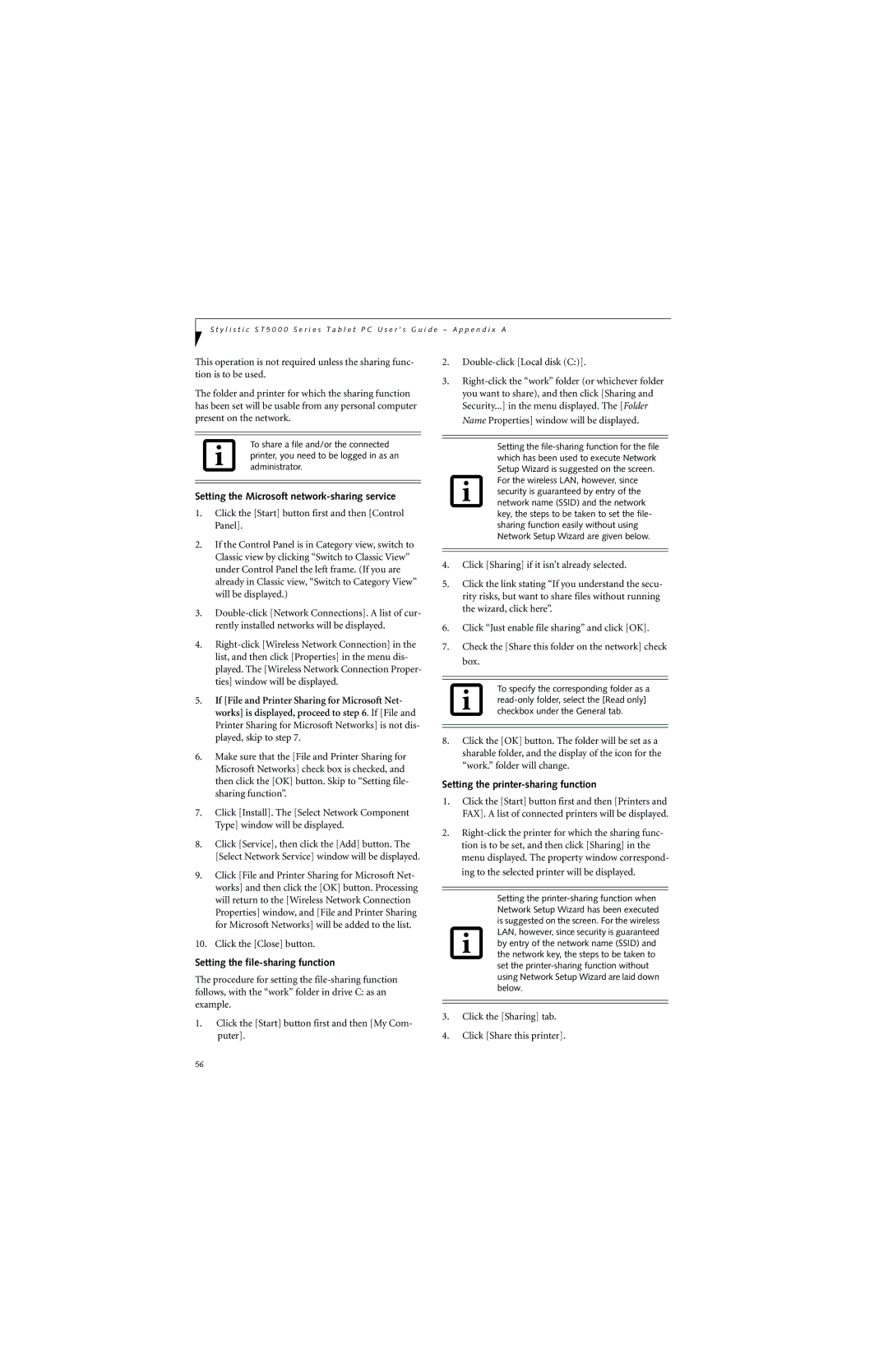 Fujitsu ST5000 warranty Setting the Microsoft network-sharing service, Setting the file-sharing function 