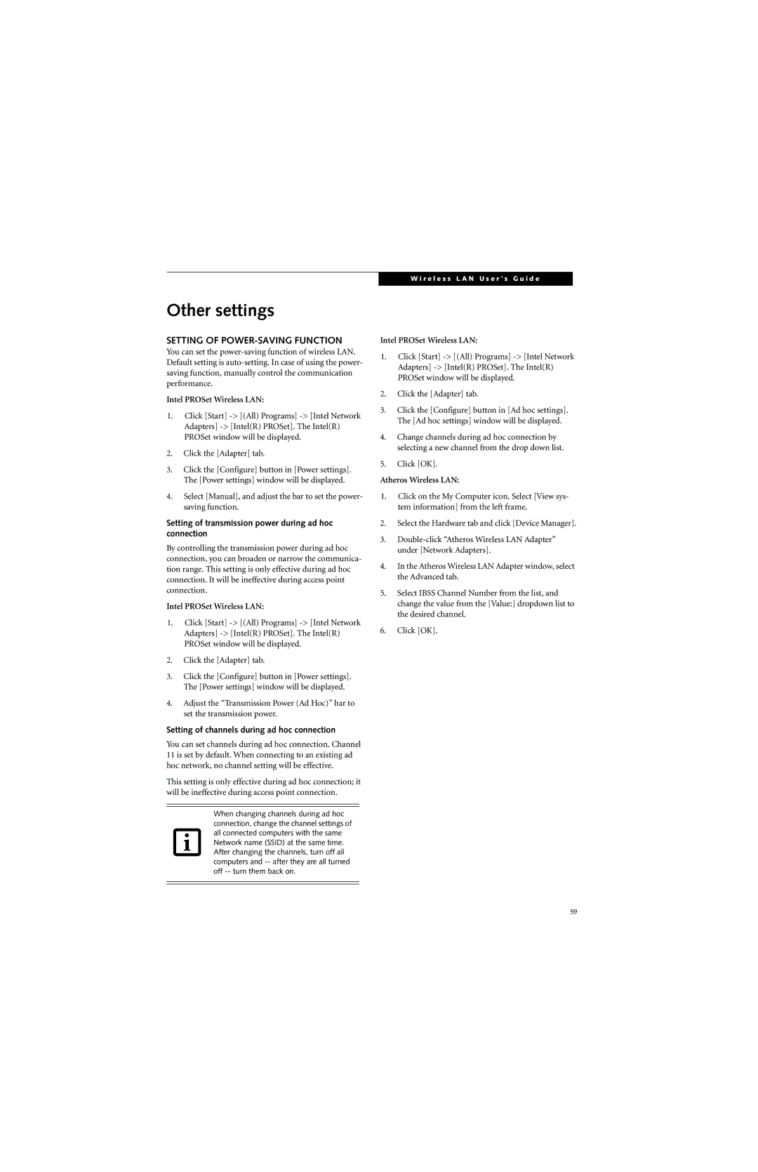 Fujitsu ST5000 Other settings, Setting of POWER-SAVING Function, Setting of transmission power during ad hoc connection 