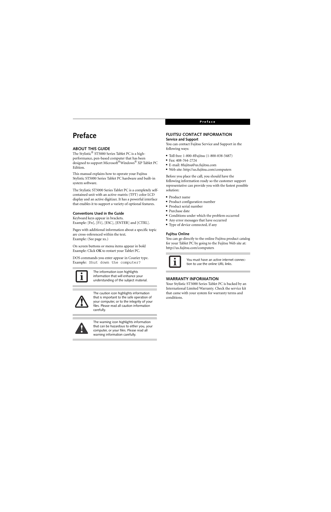 Fujitsu ST5000 warranty Preface, About this Guide, Fujitsu Contact Information, Warranty Information 