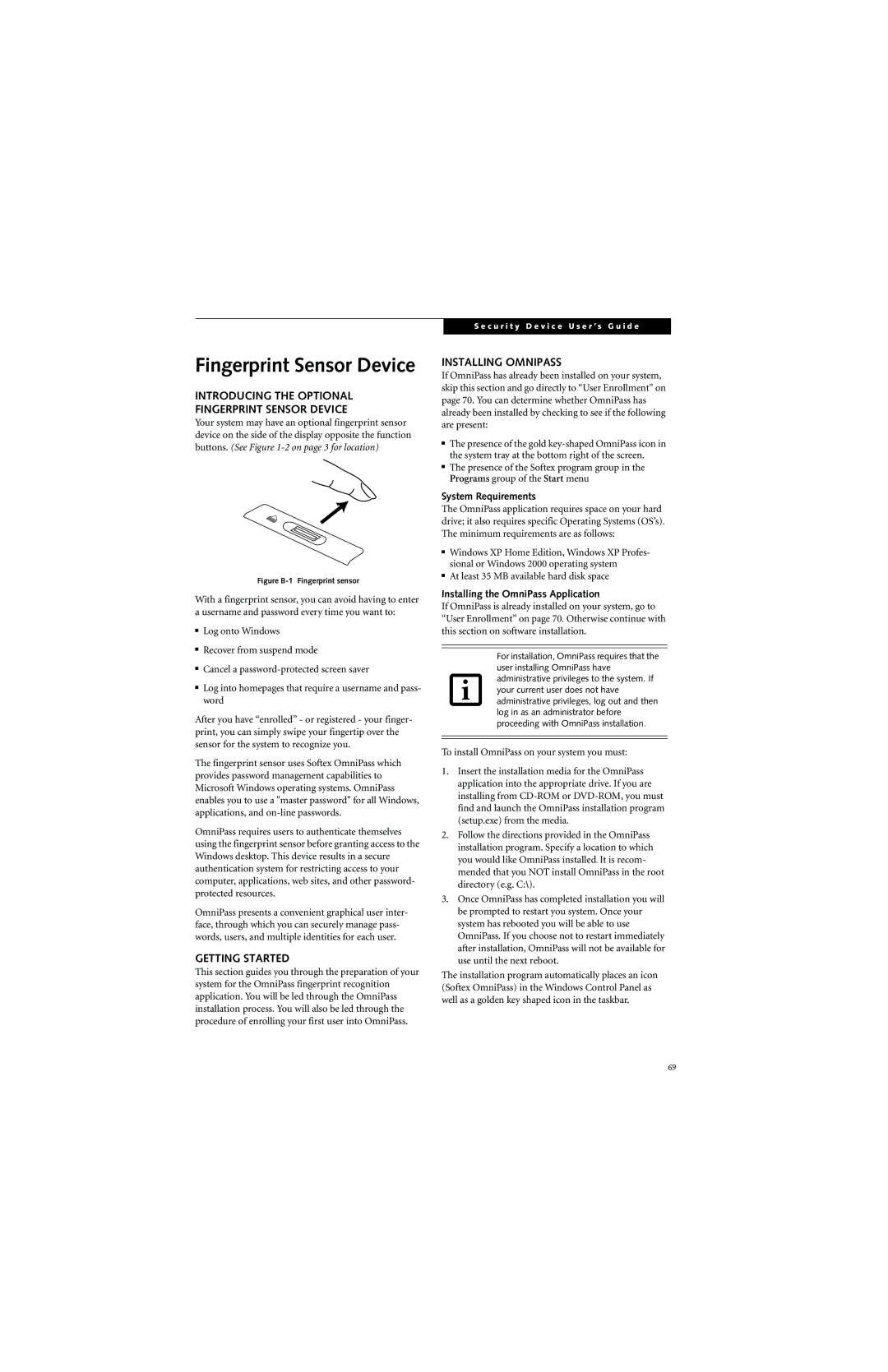 Fujitsu ST5000 warranty Introducing the Optional Fingerprint Sensor Device, Getting Started, Installing Omnipass 