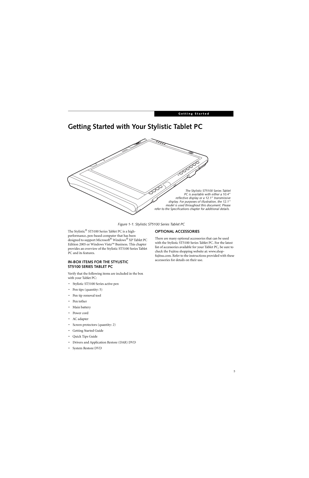 Fujitsu ST5111, ST5112 manual Getting Started with Your Stylistic Tablet PC, Optional Accessories 