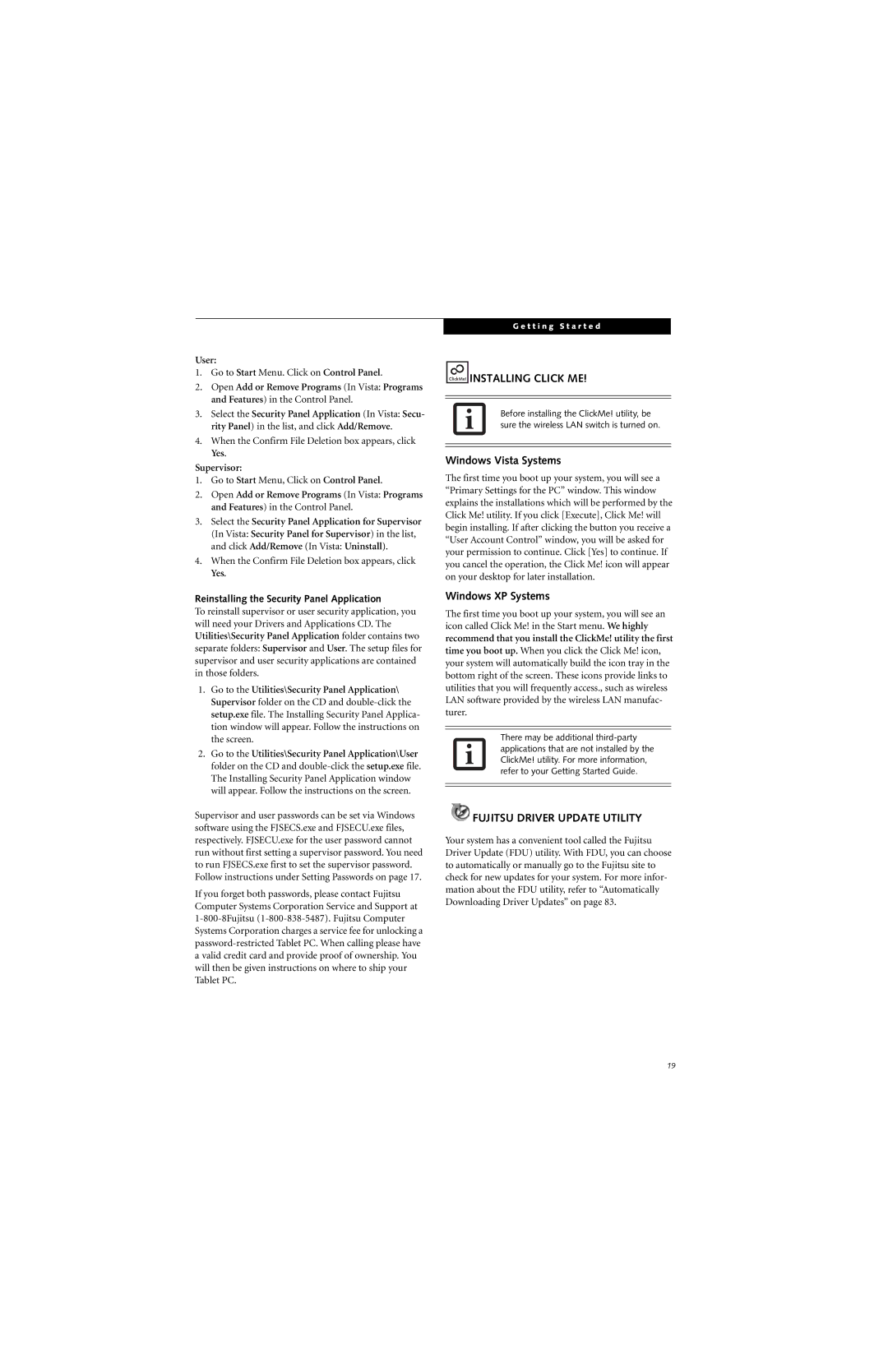 Fujitsu ST5111, ST5112 manual Fujitsu Driver Update Utility, User, Supervisor, Reinstalling the Security Panel Application 