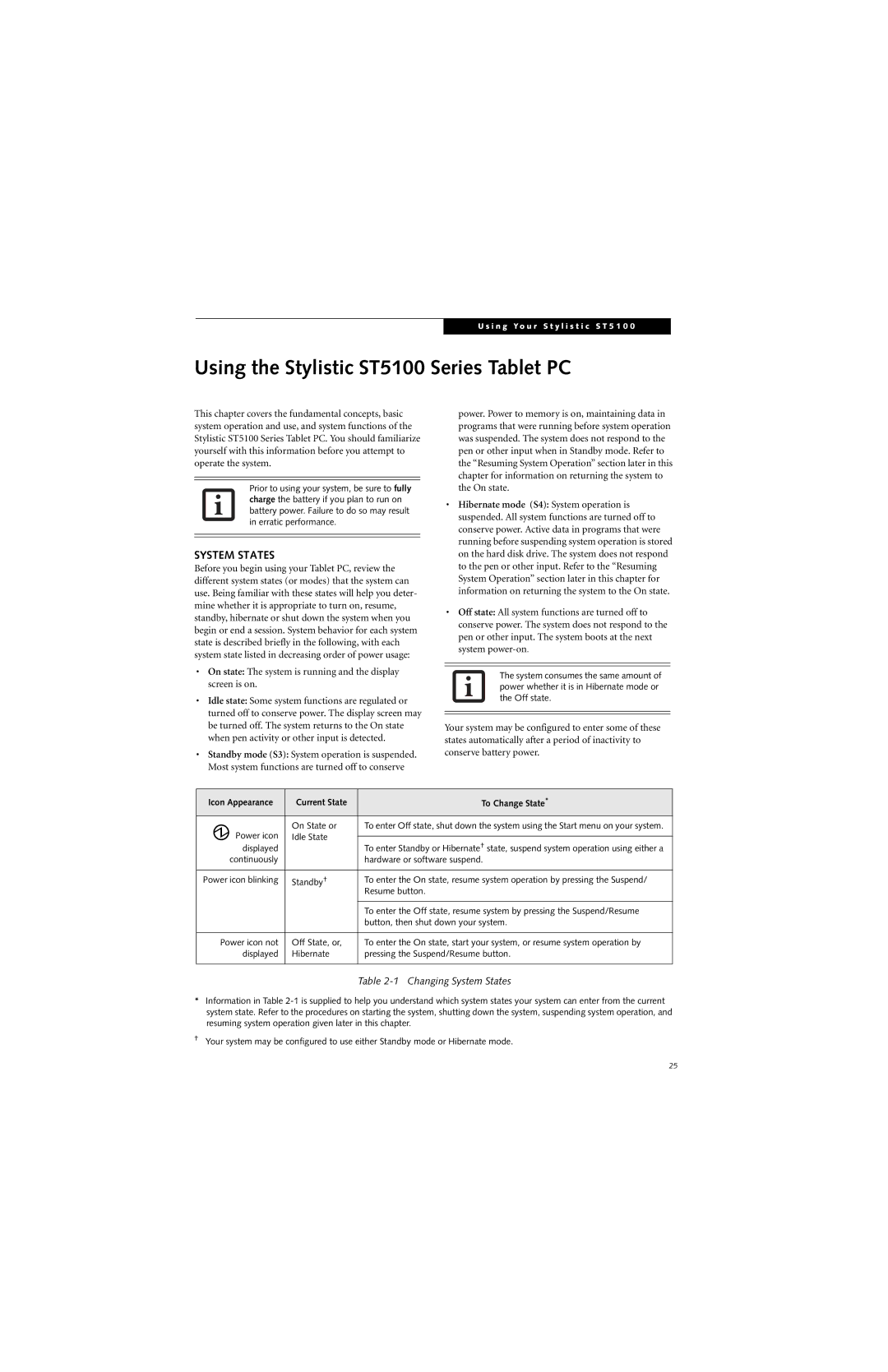 Fujitsu ST5111, ST5112 manual Using the Stylistic ST5100 Series Tablet PC, System States 