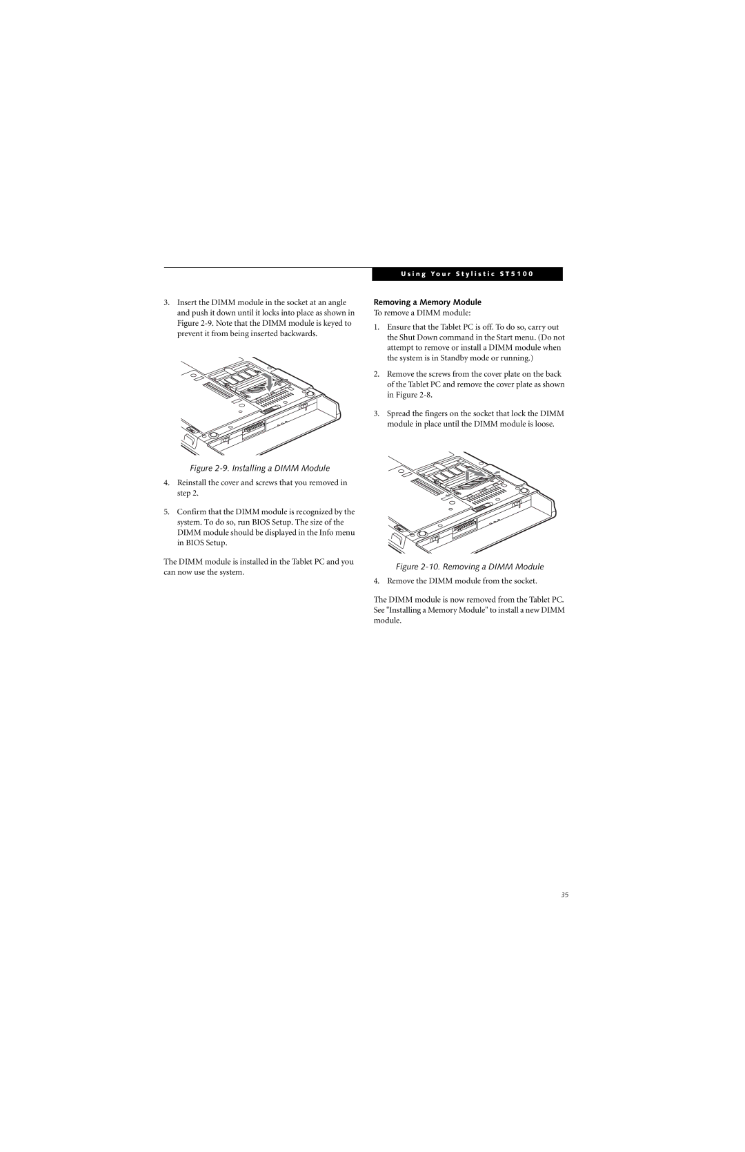 Fujitsu ST5111, ST5112 manual Removing a Memory Module, Installing a Dimm Module 