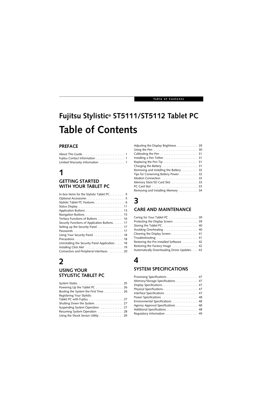 Fujitsu ST5111, ST5112 manual Table of Contents 