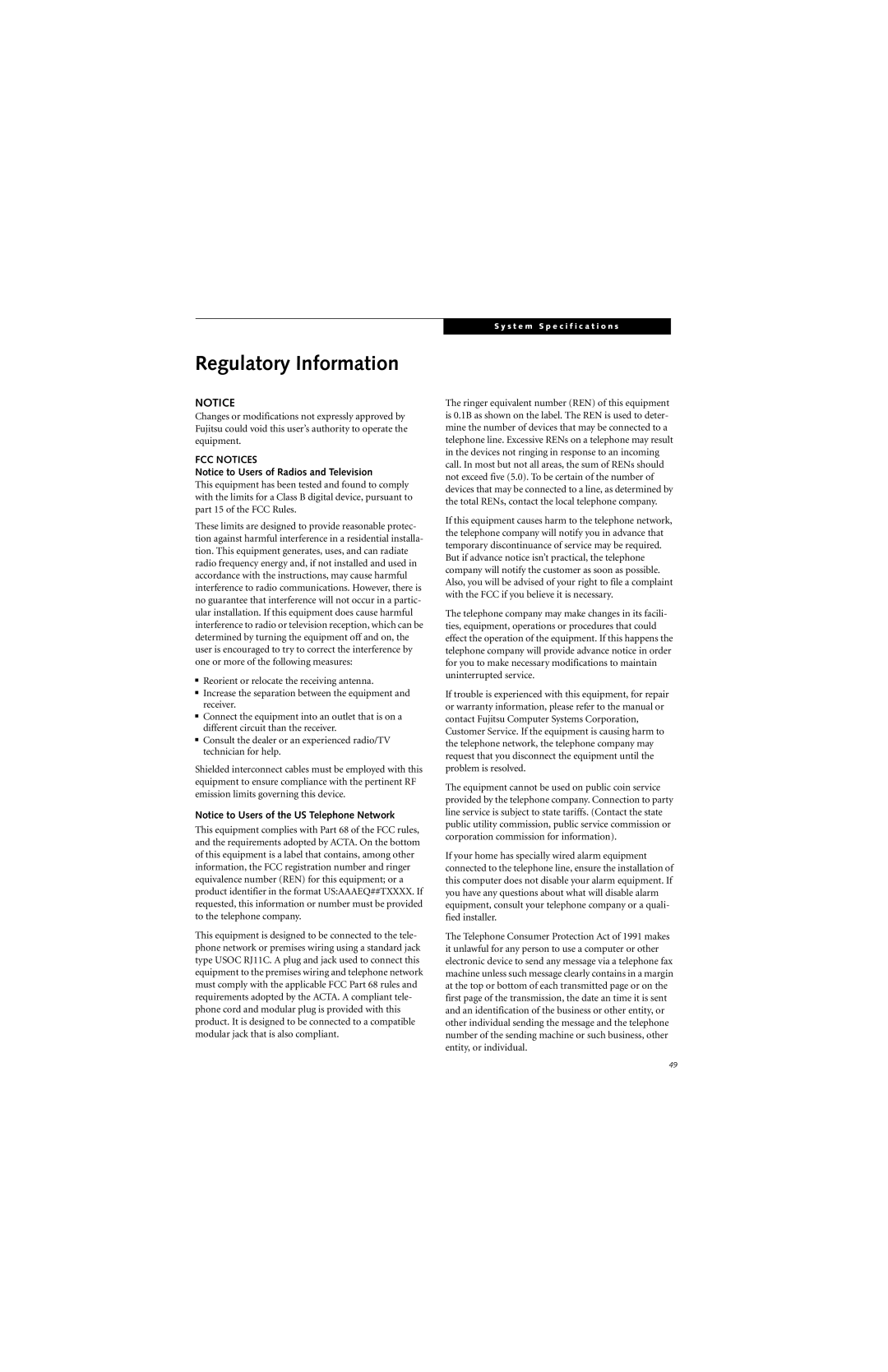 Fujitsu ST5111, ST5112 manual Regulatory Information, FCC Notices 