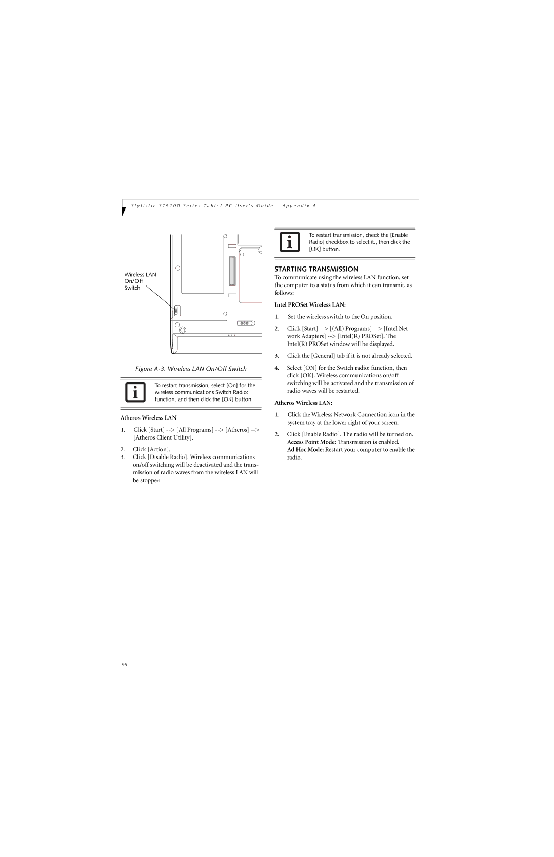 Fujitsu ST5112, ST5111 manual Starting Transmission, Atheros Wireless LAN 