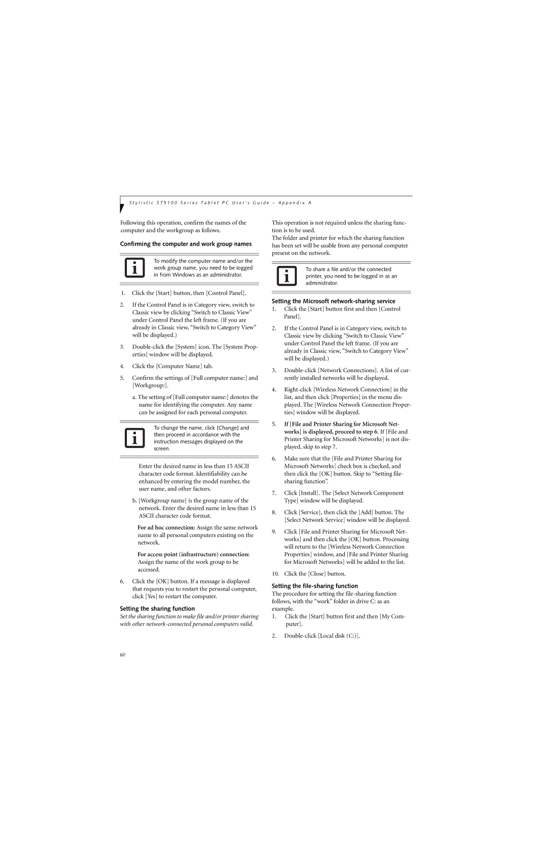 Fujitsu ST5112, ST5111 manual Confirming the computer and work group names, Setting the sharing function 