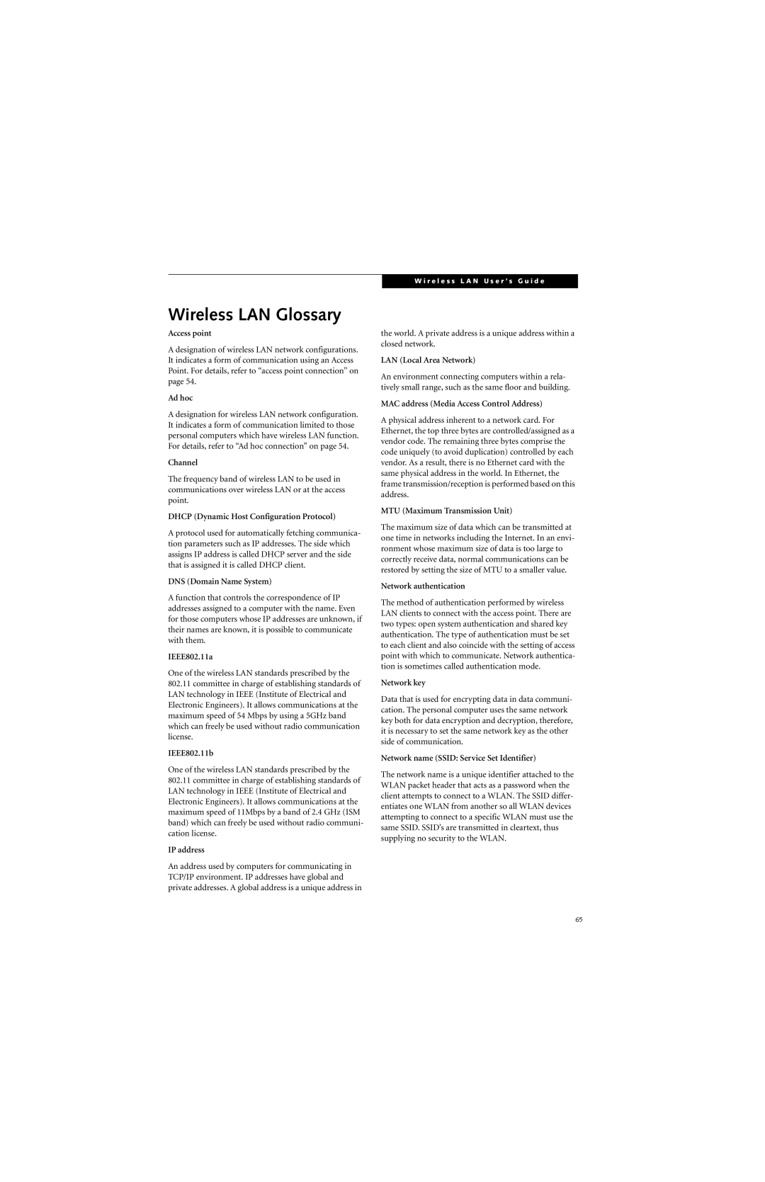 Fujitsu ST5111, ST5112 manual Wireless LAN Glossary 