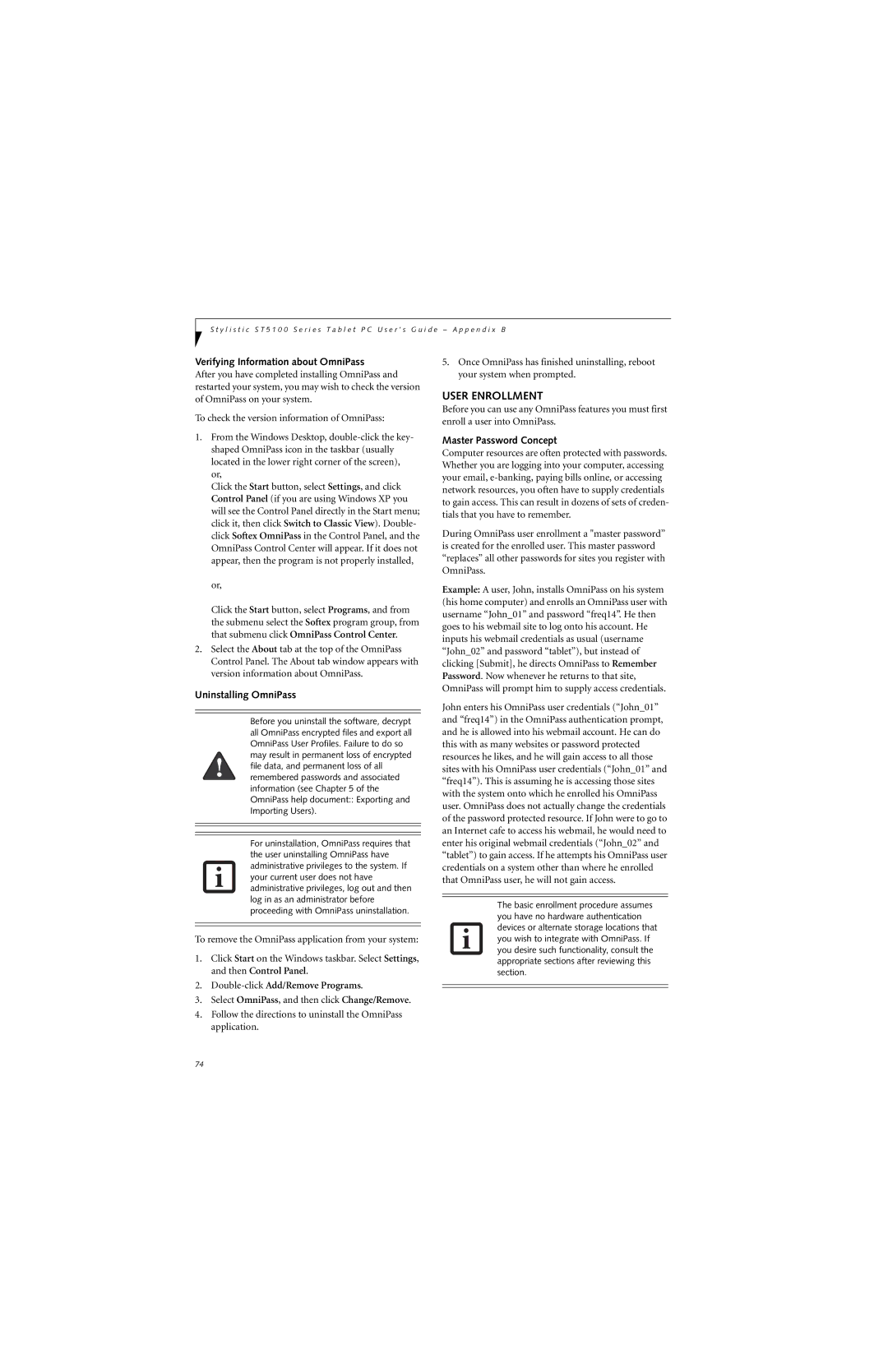 Fujitsu ST5112 manual User Enrollment, Verifying Information about OmniPass, Uninstalling OmniPass, Master Password Concept 